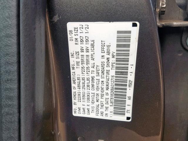 5J8TB182X8A012716 - 2008 ACURA RDX GRAY photo 10