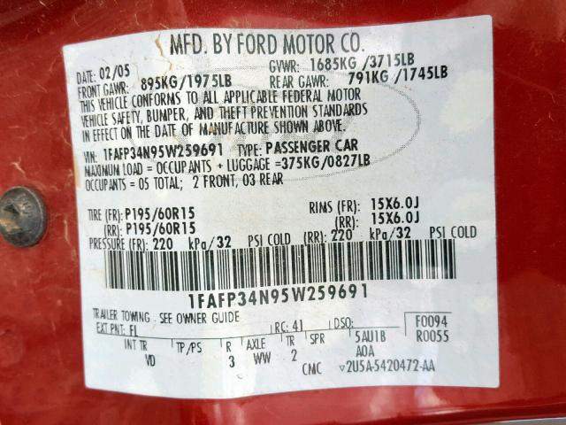 1FAFP34N95W259691 - 2005 FORD FOCUS ZX4 RED photo 10