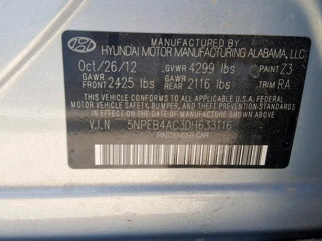 5NPEB4AC3DH633116 - 2013 HYUNDAI SONATA GLS BLACK photo 10