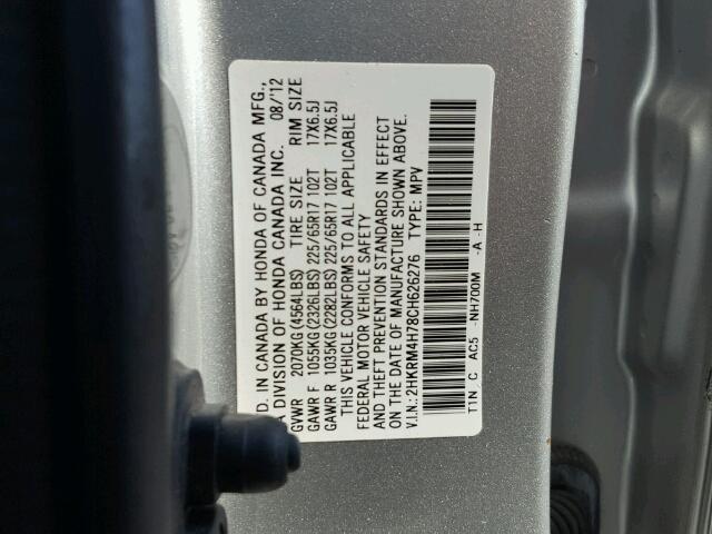 2HKRM4H78CH626276 - 2012 HONDA CR-V EX-L SILVER photo 10