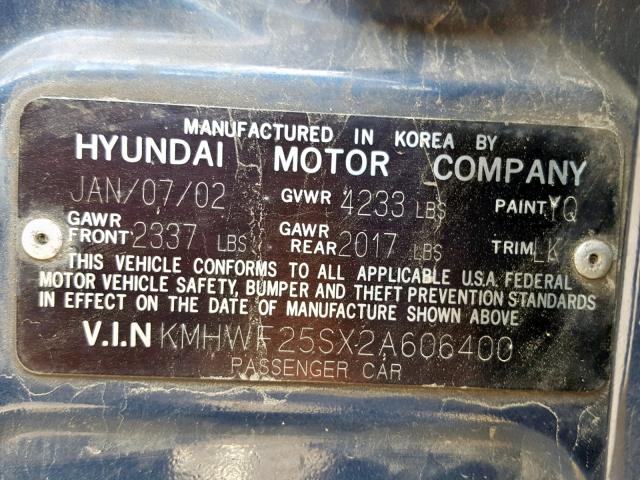 KMHWF25SX2A606400 - 2002 HYUNDAI SONATA GL BLUE photo 10