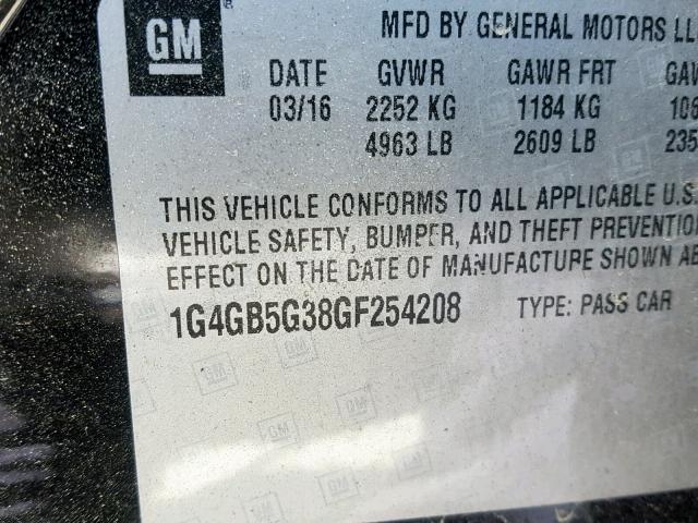 1G4GB5G38GF254208 - 2016 BUICK LACROSSE BLACK photo 10