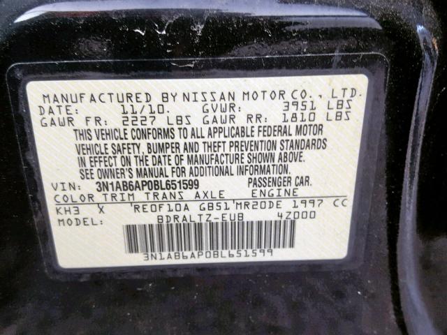 3N1AB6AP0BL651599 - 2011 NISSAN SENTRA 2.0 BLACK photo 10