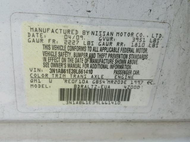 3N1AB61E39L661410 - 2009 NISSAN SENTRA 2.0 WHITE photo 10