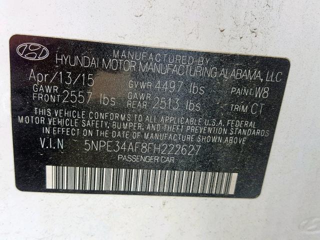 5NPE34AF8FH222627 - 2015 HYUNDAI SONATA SPO WHITE photo 10