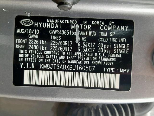 KM8JT3ABXBU160567 - 2011 HYUNDAI TUCSON GL SILVER photo 10