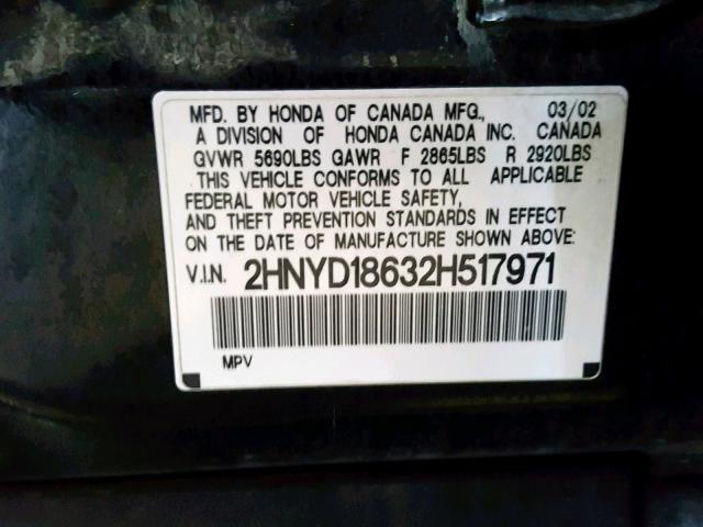 2HNYD18632H517971 - 2002 ACURA MDX TOURIN BLACK photo 10