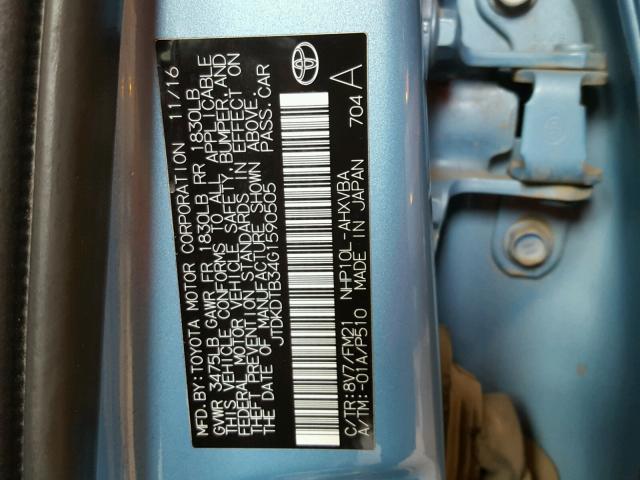 JTDKDTB34G1590505 - 2016 TOYOTA PRIUS C TEAL photo 10