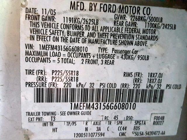 1MEFM43156G608010 - 2006 MERCURY MONTEGO PR SILVER photo 10