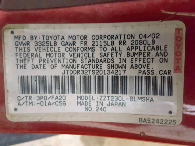 JTDDR32T920134217 - 2002 TOYOTA CELICA GT RED photo 10