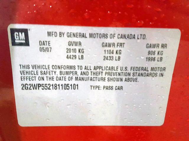 2G2WP552181105101 - 2008 PONTIAC GRAND PRIX RED photo 10