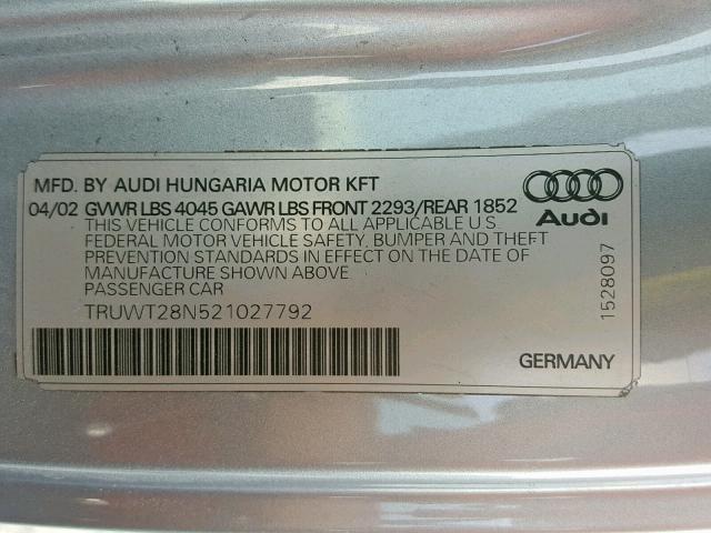 TRUWT28N521027792 - 2002 AUDI TT QUATTRO GREEN photo 10