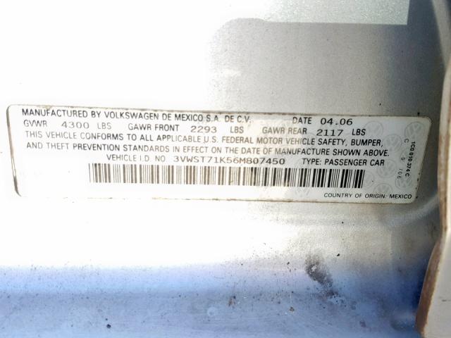 3VWST71K56M807450 - 2006 VOLKSWAGEN JETTA TDI SILVER photo 10