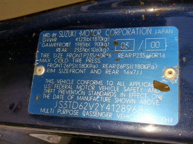 JS3TD62V2Y4128968 - 2000 SUZUKI GRAND VITA BLUE photo 10