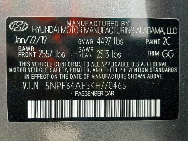 5NPE34AF5KH770465 - 2019 HYUNDAI SONATA LIM GRAY photo 10