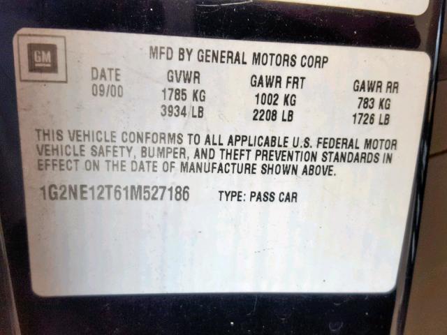 1G2NE12T61M527186 - 2001 PONTIAC GRAND AM S BLACK photo 10