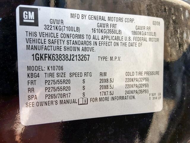 1GKFK63838J213267 - 2008 GMC YUKON DENA BLACK photo 10