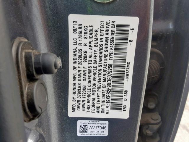 19XFB2F9XDE079258 - 2013 HONDA CIVIC EXL CHARCOAL photo 10