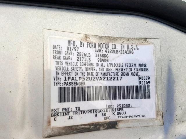 1FALP52U2VA212217 - 1997 FORD TAURUS GL SILVER photo 10