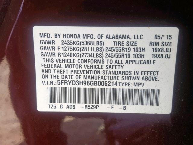 5FRYD3H96GB006214 - 2016 ACURA MDX ADVANC RED photo 10