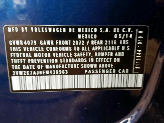 3VW2K7AJ6EM438963 - 2014 VOLKSWAGEN JETTA BASE 蓝色 照片 10