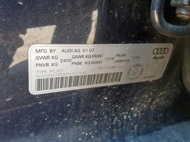 WAUDH74F97N107544 - 2007 AUDI A6 3.2 QUA GRAY photo 10