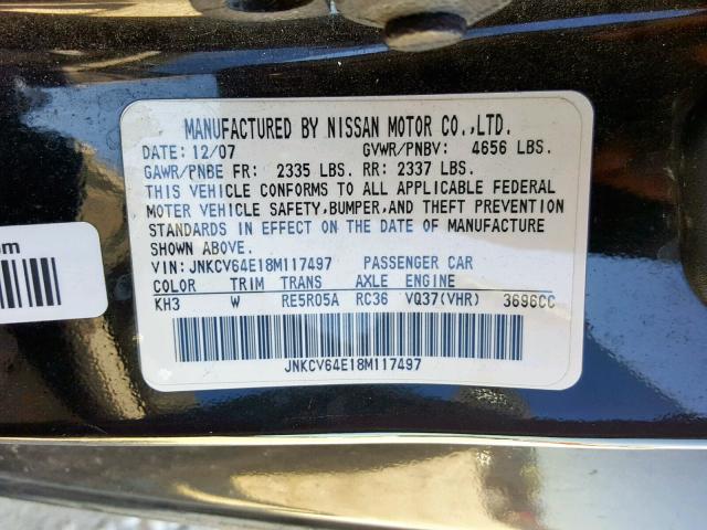 JNKCV64E18M117497 - 2008 INFINITI G37 BASE BLACK photo 10