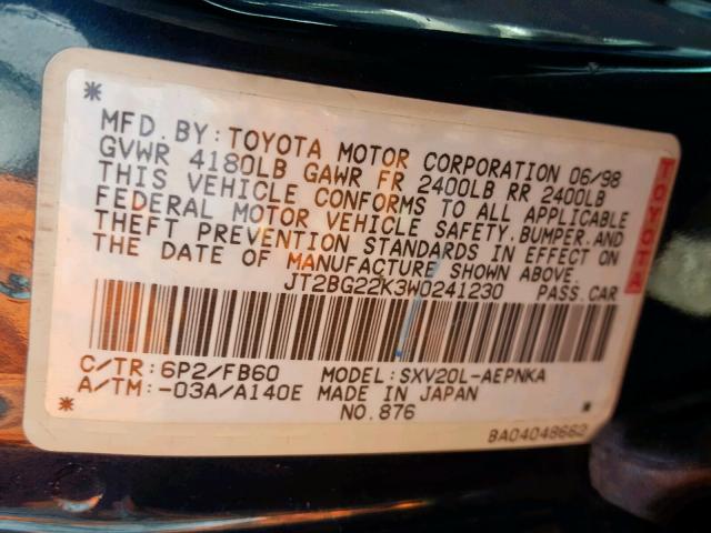 JT2BG22K3W0241230 - 1998 TOYOTA CAMRY CE GREEN photo 10