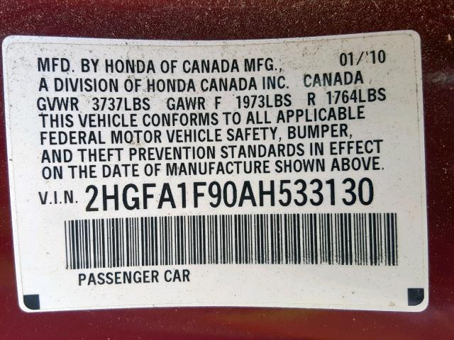 2HGFA1F90AH533130 - 2010 HONDA CIVIC EXL RED photo 10