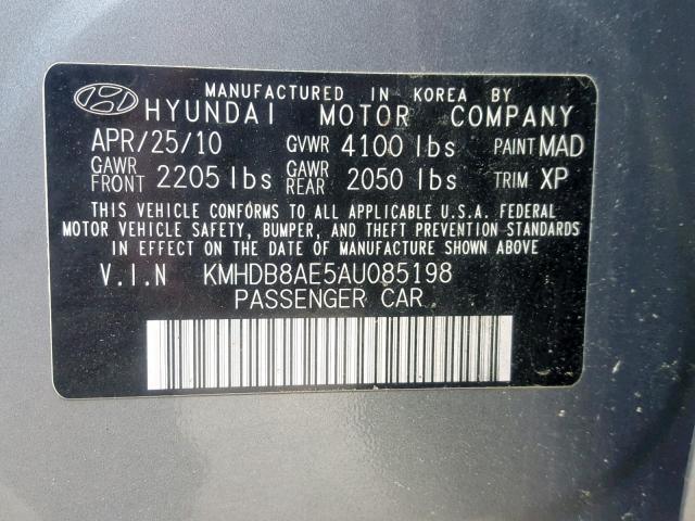 KMHDB8AE5AU085198 - 2010 HYUNDAI ELANTRA GRAY photo 10