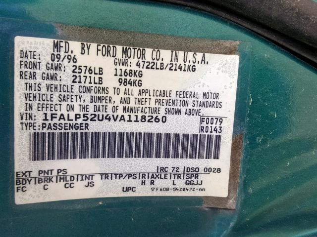 1FALP52U4VA118260 - 1997 FORD TAURUS GL GREEN photo 10