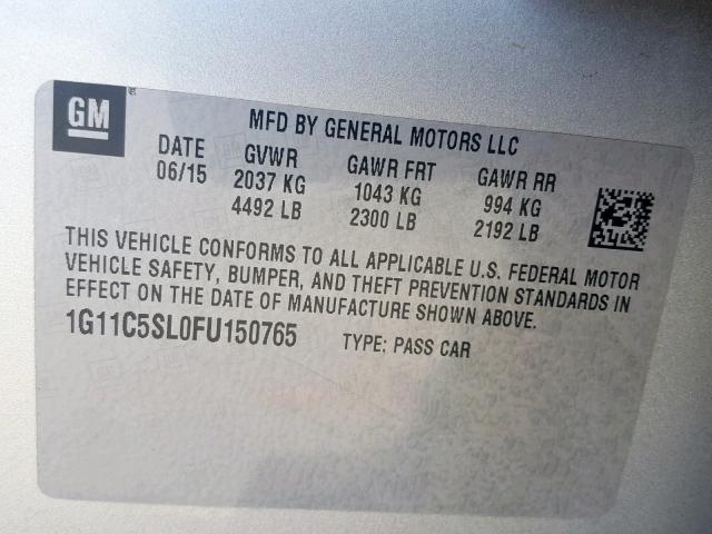 1G11C5SL0FU150765 - 2015 CHEVROLET MALIBU 1LT SILVER photo 10
