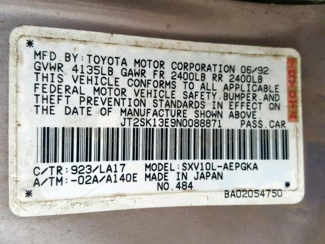 JT2SK13E9N0088871 - 1992 TOYOTA CAMRY XLE GRAY photo 10