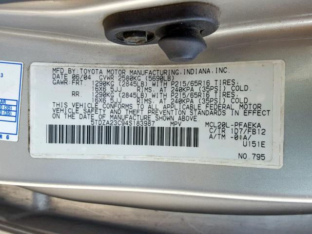 5TDZA23C94S183987 - 2004 TOYOTA SIENNA CE SILVER photo 10