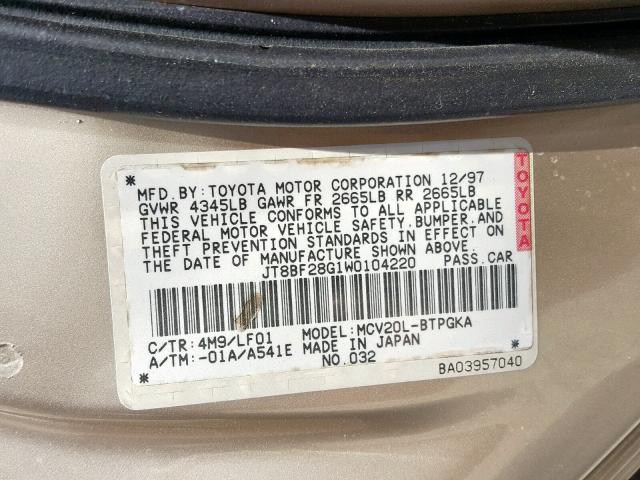 JT8BF28G1W0104220 - 1998 LEXUS ES 300 GOLD photo 10