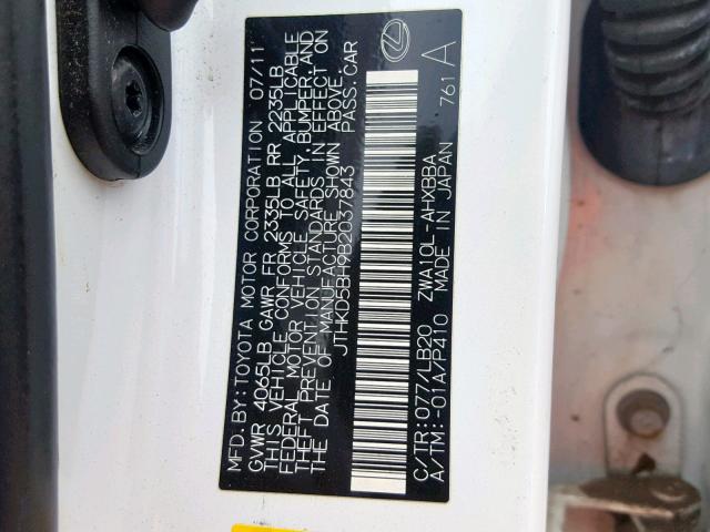 JTHKD5BH9B2037843 - 2011 LEXUS CT 200 WHITE photo 10