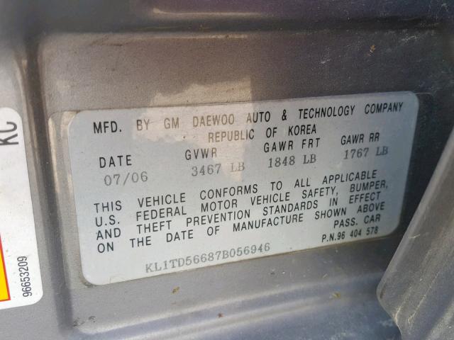 KL1TD56687B056946 - 2007 CHEVROLET AVEO BASE Boz foto 10