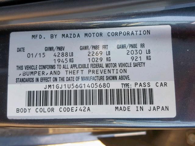 JM1GJ1U56G1405680 - 2016 MAZDA 6 SPORT GRAY photo 10