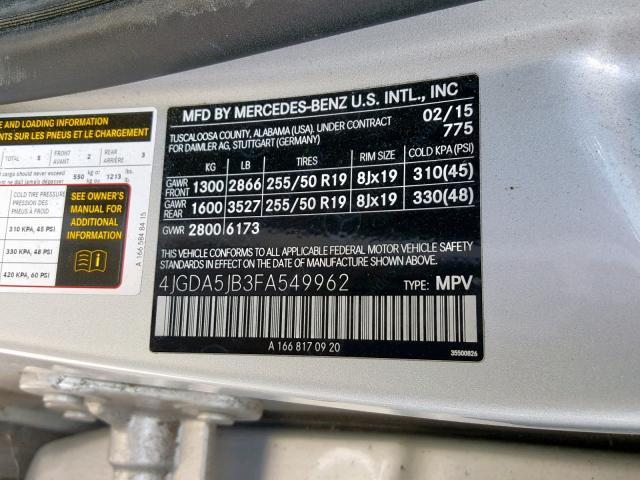 4JGDA5JB3FA549962 - 2015 MERCEDES-BENZ ML 350 SILVER photo 10