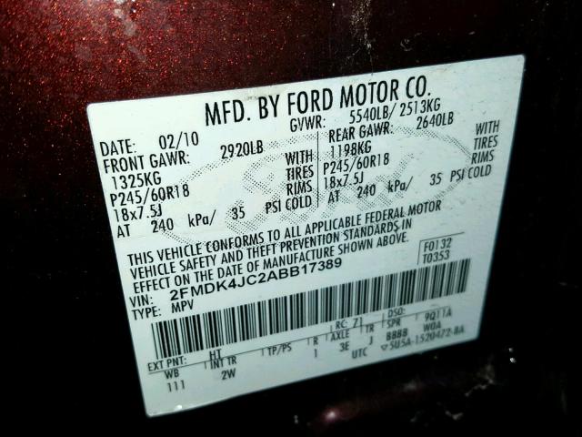 2FMDK4JC2ABB17389 - 2010 FORD EDGE SEL BROWN photo 10