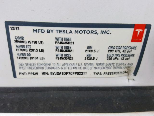 5YJSA1DP7CFP02311 - 2012 TESLA MODEL S WHITE photo 10