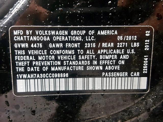 1VWAH7A30CC098896 - 2012 VOLKSWAGEN PASSAT S BLACK photo 10