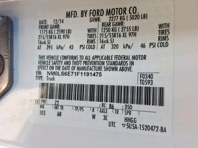 NM0LS6E71F1191475 - 2015 FORD TRANSIT CO WHITE photo 10