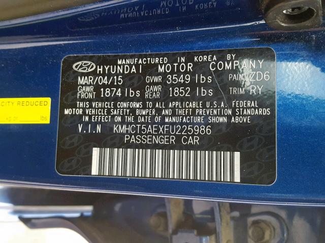 KMHCT5AEXFU225986 - 2015 HYUNDAI ACCENT GS BLUE photo 10