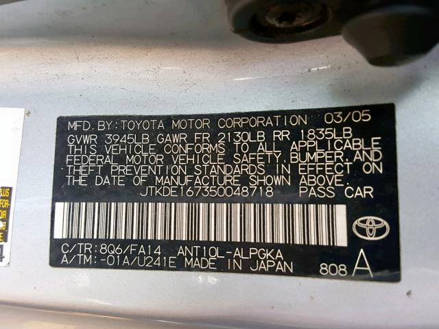 JTKDE167350048718 - 2005 TOYOTA SCION TC BLUE photo 10