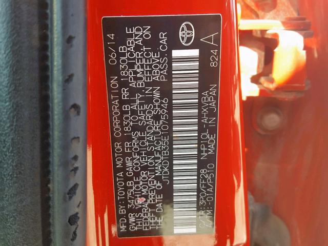 JTDKDTB35E1075946 - 2014 TOYOTA PRIUS C RED photo 10