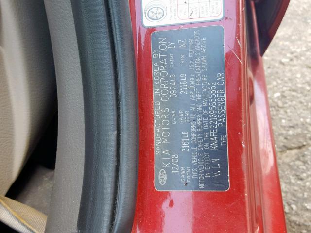 KNAFE221395655862 - 2009 KIA SPECTRA EX RED photo 10