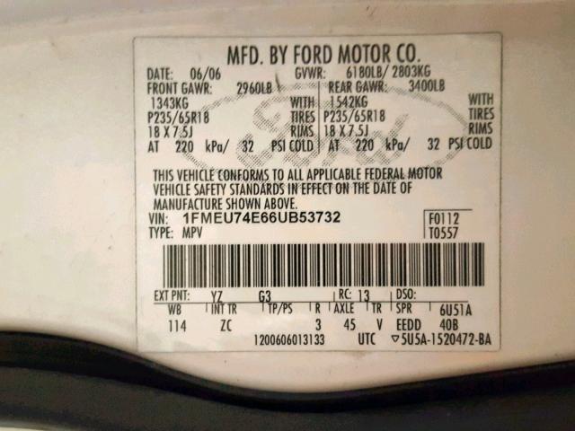 1FMEU74E66UB53732 - 2006 FORD EXPLORER E WHITE photo 10