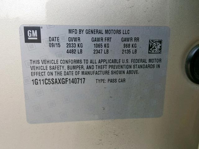 1G11C5SAXGF140717 - 2016 CHEVROLET MALIBU LIM 金色 照片 10