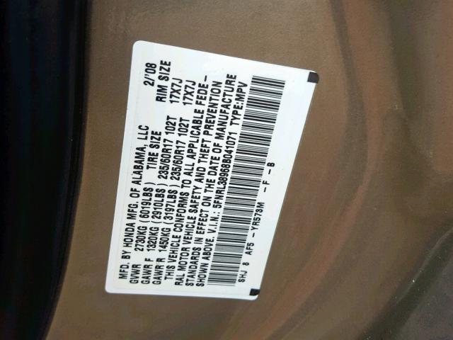 5FNRL38968B041071 - 2008 HONDA ODYSSEY TO BROWN photo 10